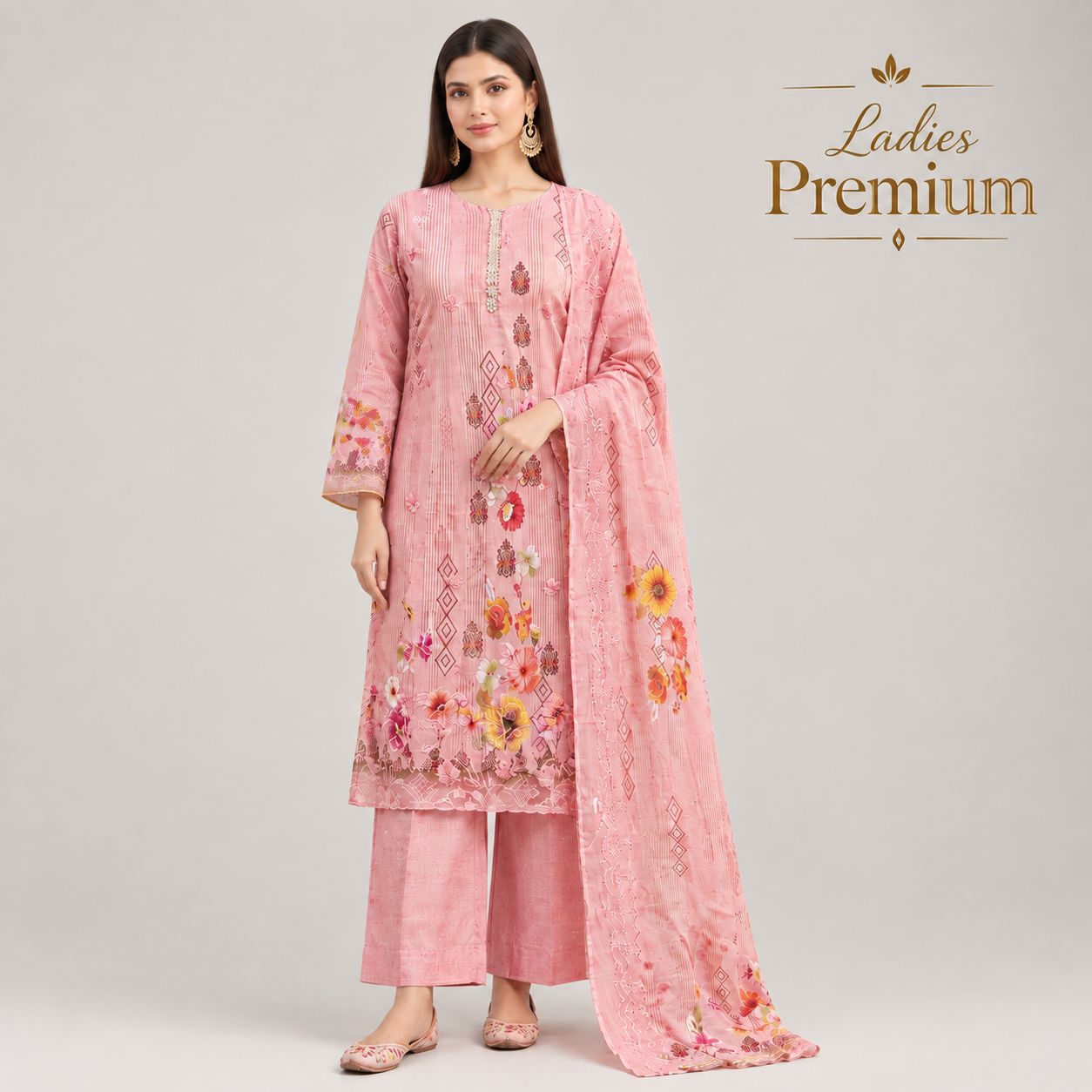 Floral Embroidered Three-Piece - Pink